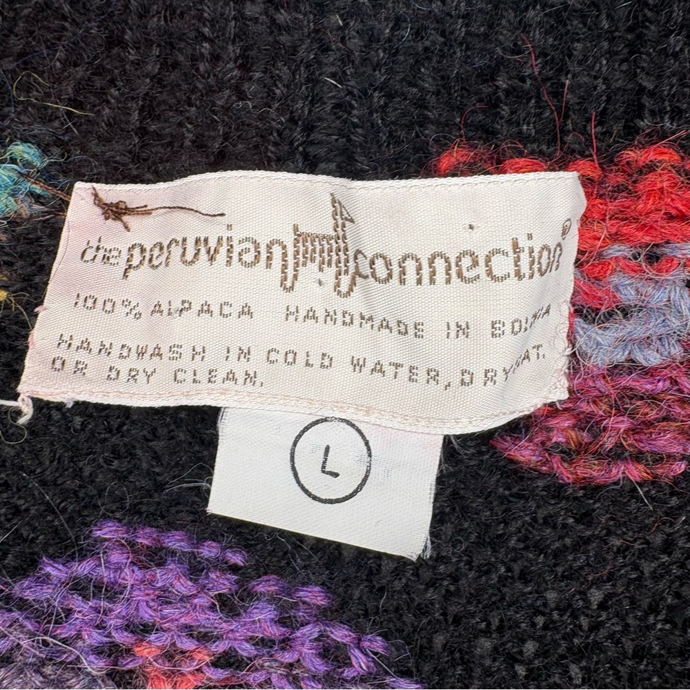 Vintage Peruvian Connection Sweater Womens Large Black Bright Floral *Flawed - Picture 4 of 15
